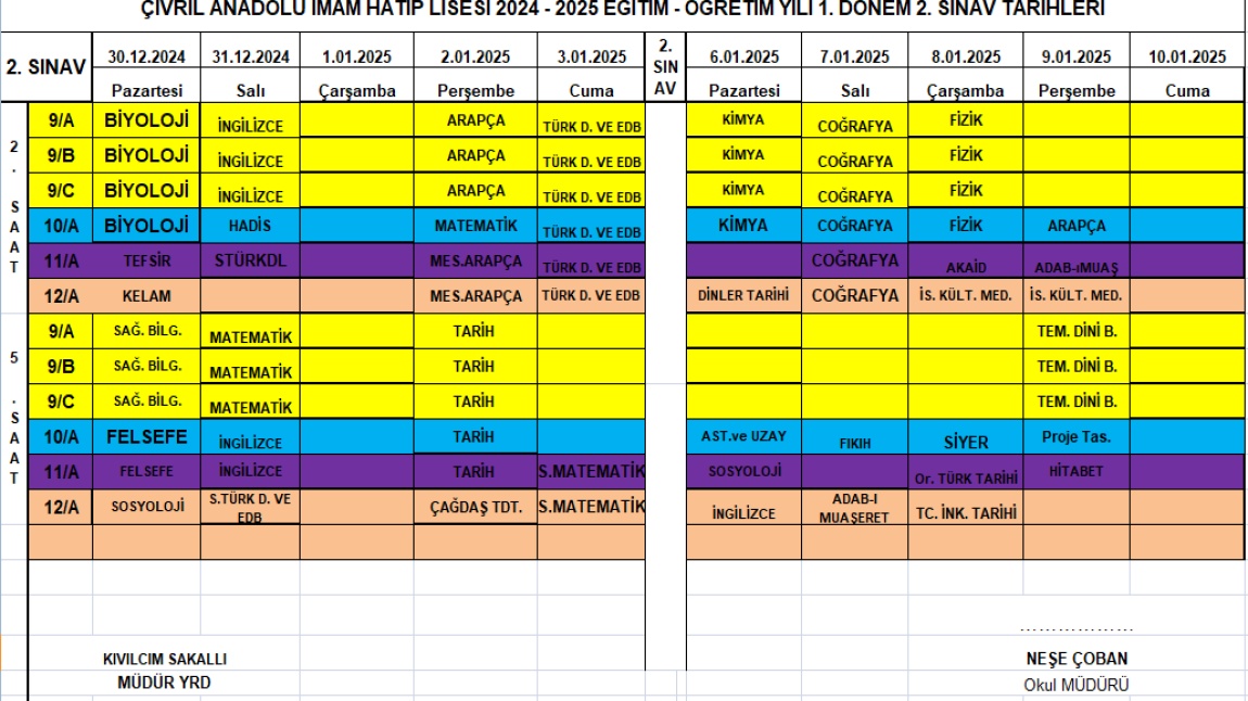 2024-2025 EĞİTİM ÖĞRETİM YILI ÇİVRİL ANADOLU İMAM HATİP LİSESİ I.DÖNEM II. YAZILI SINAV TAKVİMİ